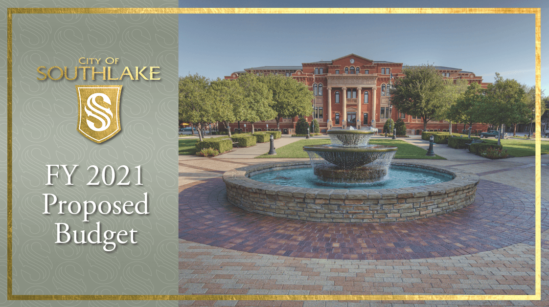 front of Town Square and fountain with text FY 2021 Proposed Budget