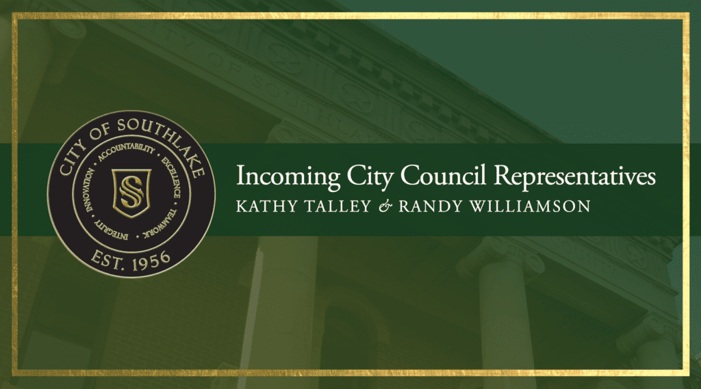 Text: Incoming Council Representatives Kathy Talley and Randy Williamson