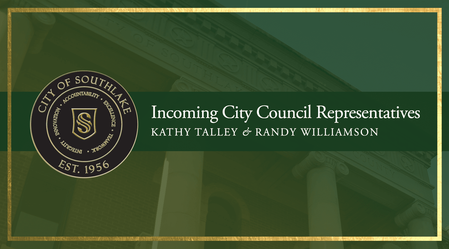 Text: Incoming Council Representatives Kathy Talley and Randy Williamson