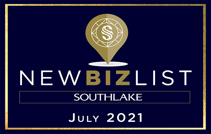 Graphic displaying a "New Biz List" badge for Southlake, dated July 2021, centered on a dark blue background with gold accents.