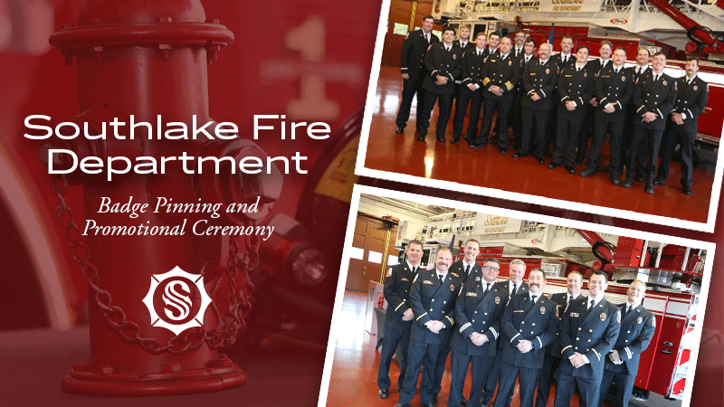 Image showing two photos of Southlake Fire Department members in uniform posing indoors. Text reads: "Southlake Fire Department Badge Pinning and Promotional Ceremony" with the department’s logo on a red background.