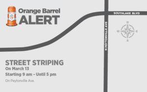 Map showing roadwork alert for street striping on Peytonville Ave, March 13 from 9 am to 5 pm. Features an orange barrel icon, compass rose, and intersecting roads: North Peytonville Ave and Southlake Blvd.