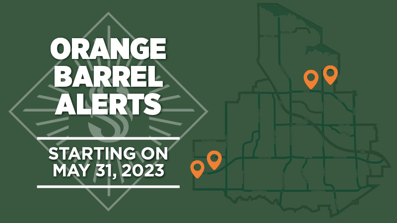 A graphic showing the text "Orange Barrel Alerts Starting on May 31, 2023" next to a map with orange markers indicating locations.