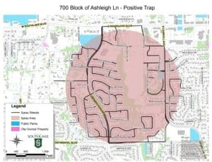 Shows map of Ashleigh Lane spray area in Southlake