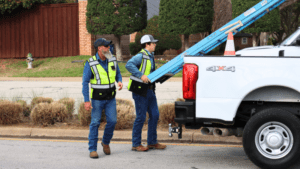 Two workers wearing safety vests and caps are beside a white truck. One is carrying a blue ladder with an orange traffic cone on it. They appear to be at a work site near a street with grass and a fence in the background.