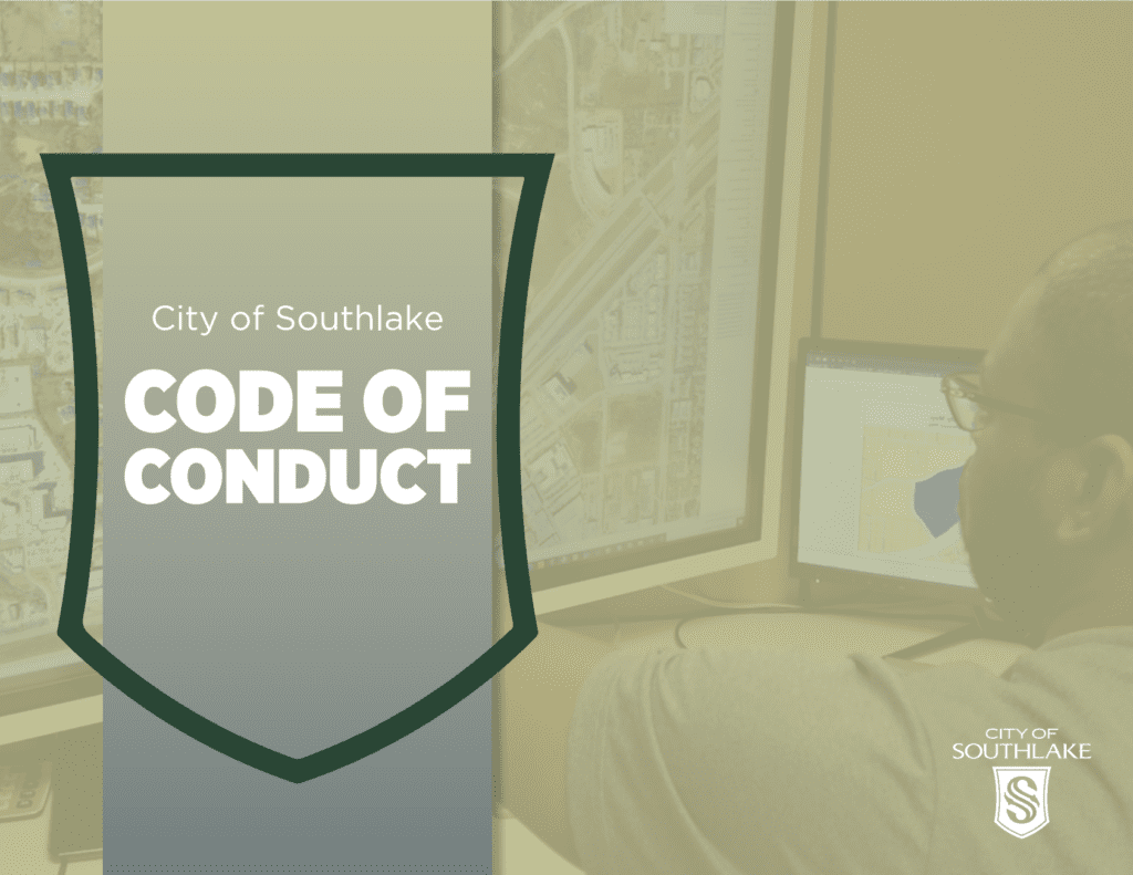 Image showing a shield-shaped design with the text "City of Southlake CODE OF CONDUCT" on the left. To the right, a person is sitting at a desk working on a computer, with maps displayed on two monitors. City of Southlake logo is in the bottom right.