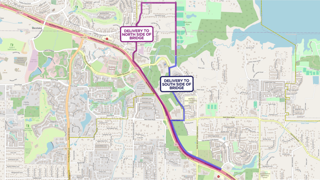 Map of the city indicating where delivery routes are for upcoming construction