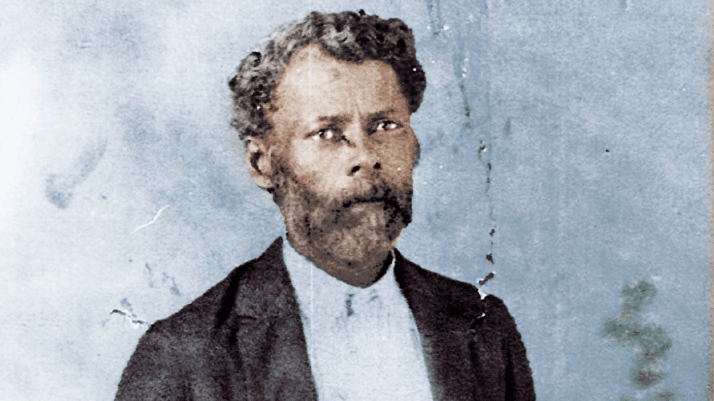 Painting of a man with a blue backdrop