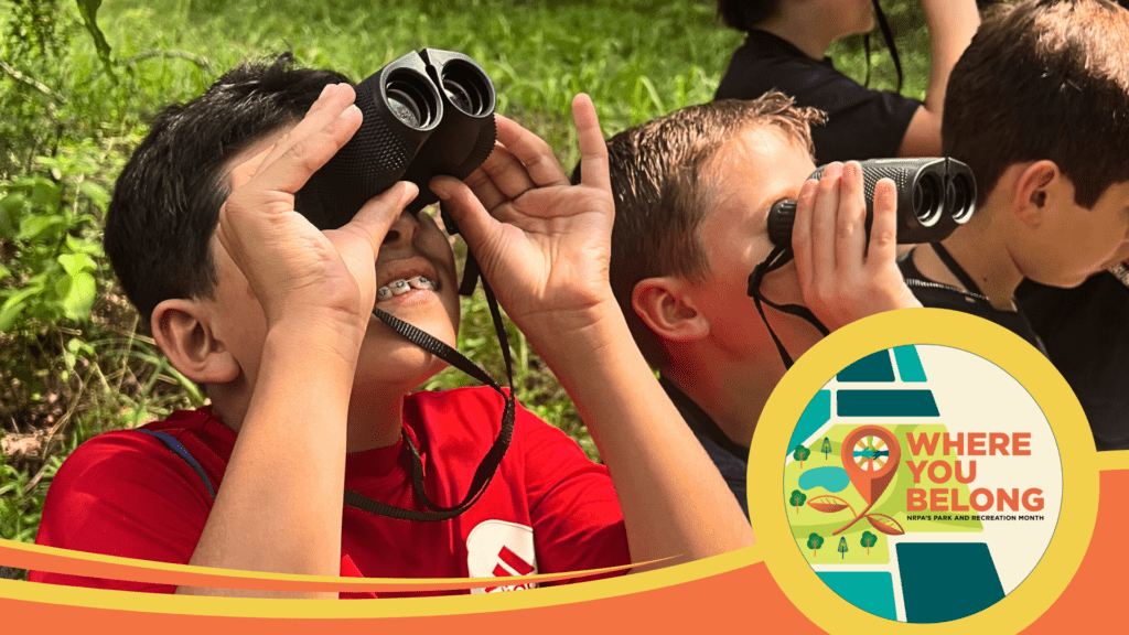 children looking through binoculars with logo that says Park and Rec Month