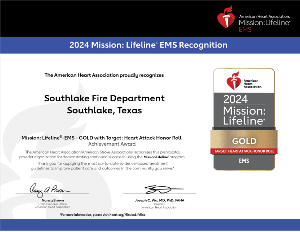 Certificate awarding the Southlake Fire Department in Southlake, Texas, the 2024 Mission: Lifeline EMS Gold with Target: Heart Attack Honor Roll by the American Heart Association. Includes signatures and the American Heart Association logo.