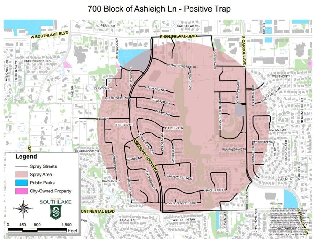 Map showing a positive trap area at the 700 block of Ashleigh Ln. The marked zone includes nearby streets and public parks. A legend indicates spray areas, parks, and city-owned property. A scale and compass rose are in the lower left corner.