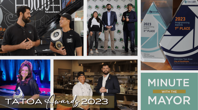 A collage featuring the TATOA Awards 2023. Images include award presentations, people in conversation, a host filming in a kitchen, and two awards for programming. The text "Minute with the Mayor" and "TATOA Awards 2023" are also displayed.