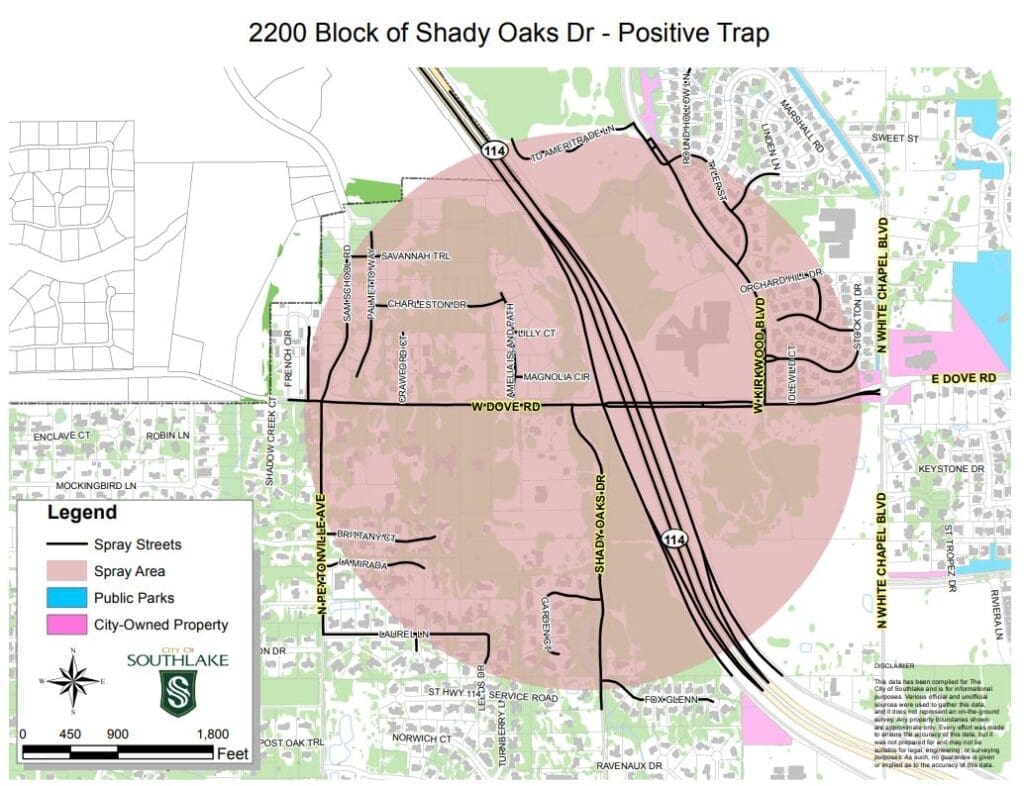 Map showing a portion of a city with a large shaded circle labeled "Positive Trap" over the 2200 Block of Shady Oaks Dr. It includes streets, spray area, spray streets, public parks, and city-owned property. A legend and scale are included.