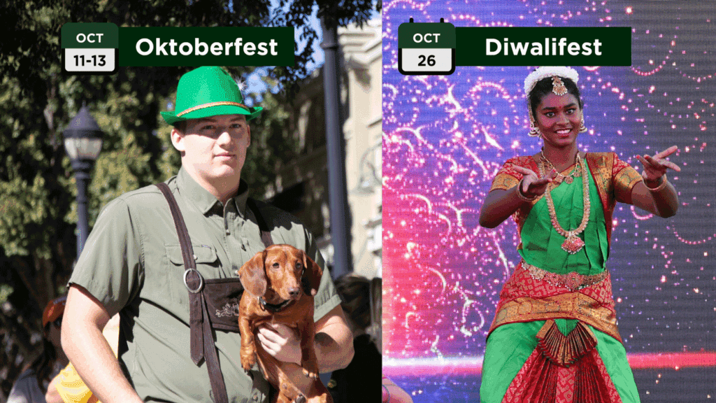 Split image: Left side—Man in green hat and traditional clothes holding a dachshund at Oktoberfest (Oct 11–13). Right side—Woman in colorful Indian attire dancing at Diwalifest (Oct 26).