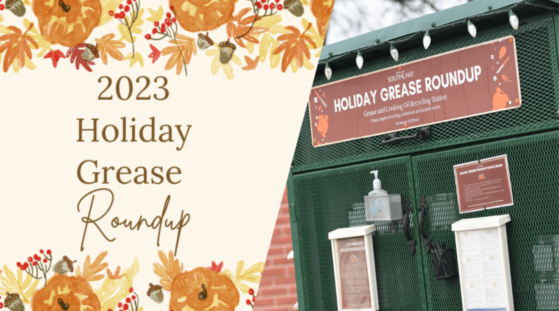 Split image with a fall-themed "2023 Holiday Grease Roundup" graphic on the left, featuring autumn leaves and pumpkins. The right side shows a collection station with a "Holiday Grease Roundup" sign for recycling cooking oil.