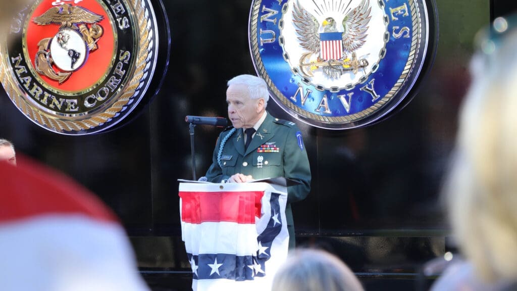 Image shows Milan Georgia speaking during the Veterans Day Ceremony