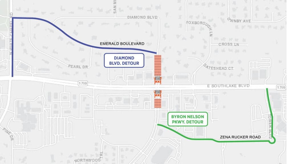Map of the city indicating where a road detour is taking place.
