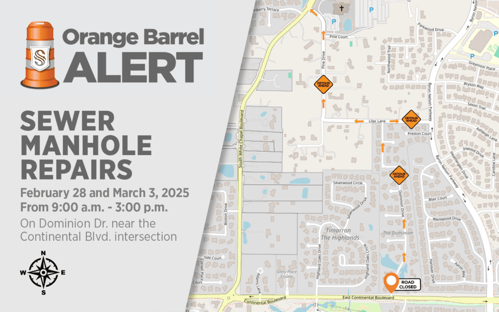 Map detailing sewer manhole repairs on Dominion Dr. near Continental Blvd. intersection. Includes dates: February 28 and March 3, 2025, from 9:00 a.m. to 3:00 p.m. Features road closure icons and construction signs.