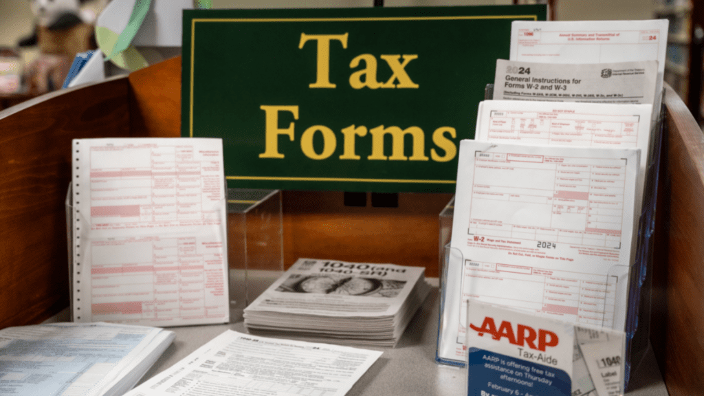 A display of various tax forms is shown on a counter. There is a green sign that reads "Tax Forms" above multiple stacks of forms, including 1040 and AARP tax-aide information, organized in holders and laid out neatly.