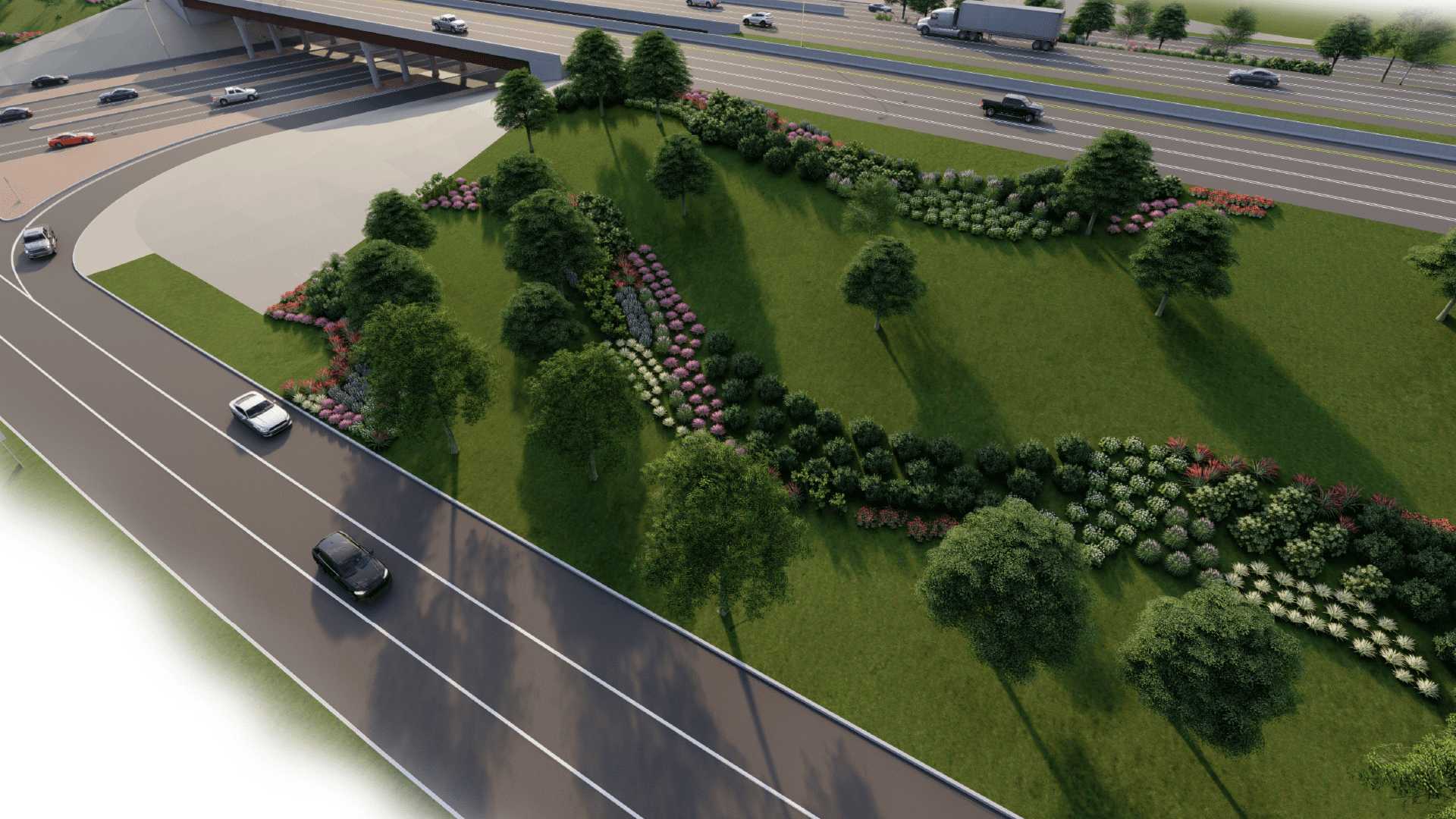 Aerial view of a lush green park by a highway. The park features winding paths, colorful flower beds, and rows of trees. Cars travel on nearby roads, and an overpass is visible in the background.