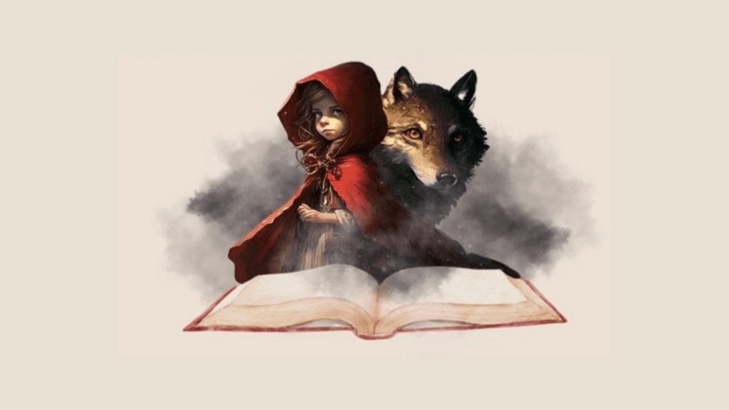 A young girl in a red hooded cloak stands with a large wolf behind her, both emerging from the pages of an open book. Smoke surrounds them, blending into the book, on a beige background.