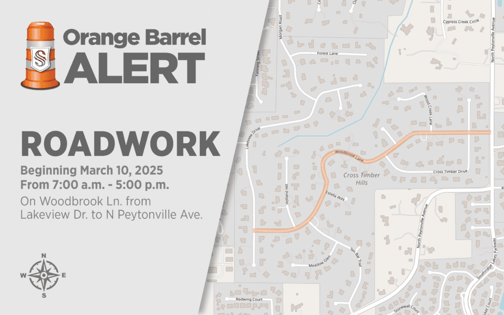 Map image titled "Orange Barrel Alert" shows a roadwork area marked in orange on Woodbrook Ln. from Lakeview Dr. to N Peytonville Ave. The alert is scheduled for March 10, 2025, from 7:00 a.m. to 5:00 p.m.