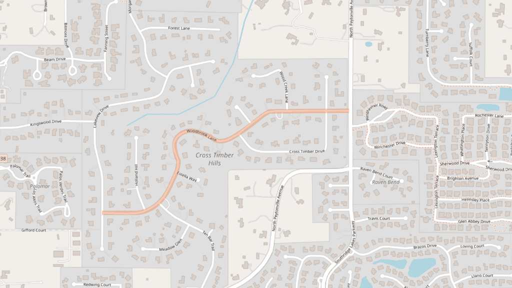 A detailed map showing a residential area with labeled streets, houses, and a creek. The main street, Cross Timber Drive, curves through the center. Various side streets and housing plots are visible, along with patches of greenery.