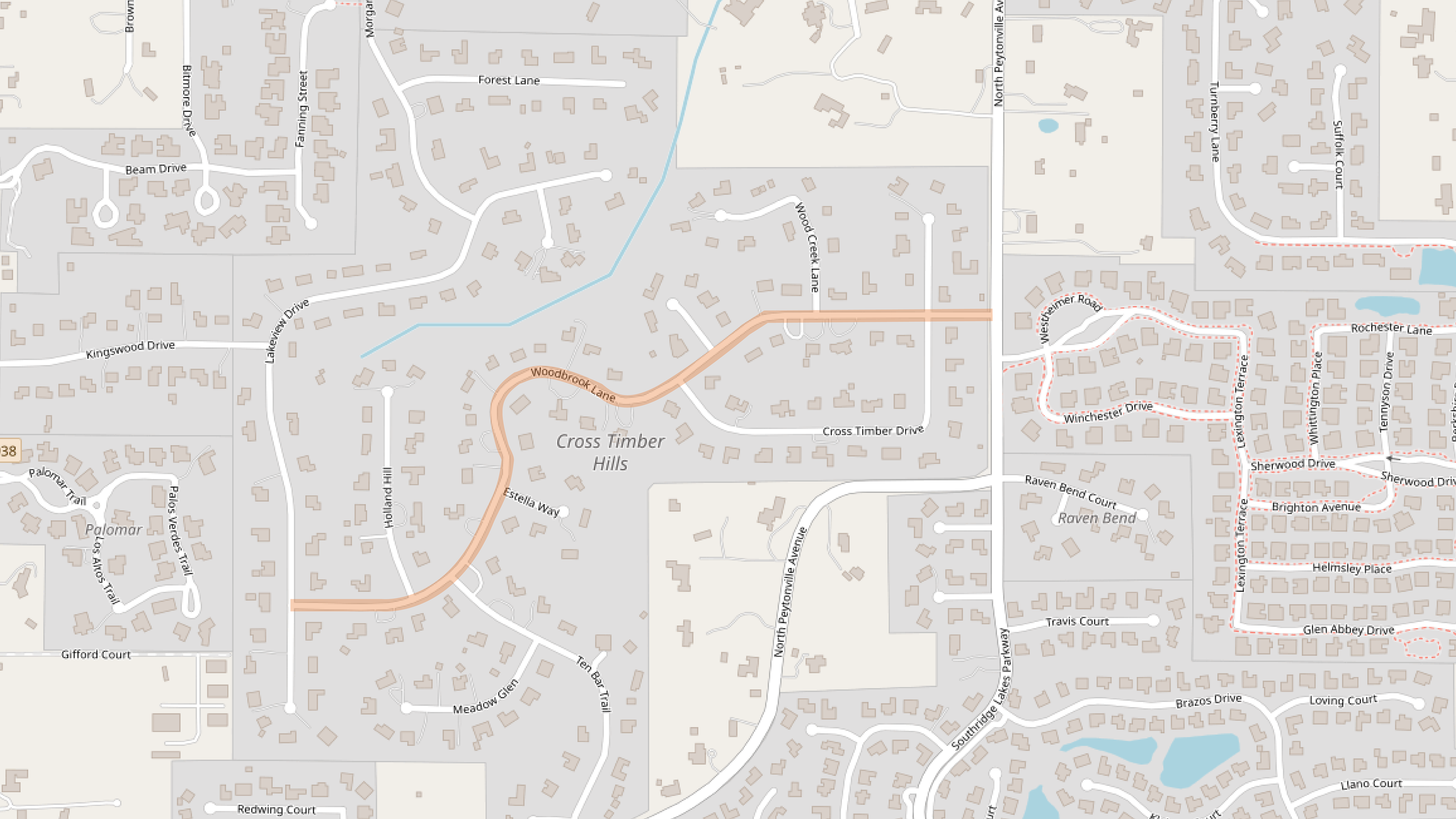 A detailed map showing a residential area with labeled streets, houses, and a creek. The main street, Cross Timber Drive, curves through the center. Various side streets and housing plots are visible, along with patches of greenery.