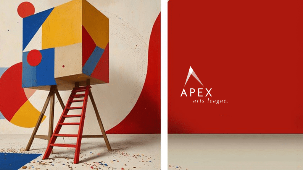 A colorful geometric cube with red, blue, and yellow designs on stilts and a red ladder. It's set against a painted abstract background. Adjacent is a red wall with the white text "APEX arts league" featuring a small triangle design.