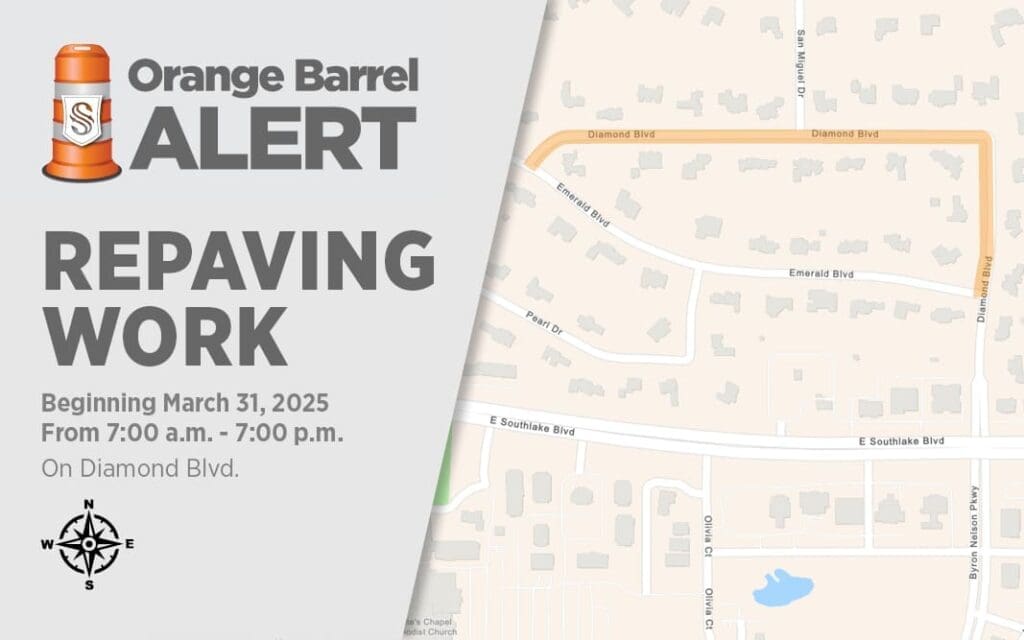 Map showing repaving work alert for Diamond Blvd. from 7:00 a.m. to 7:00 p.m. starting March 31, 2025. Nearby streets include Emerald Blvd and E Southlake Blvd. A compass rose is in the lower-left corner.