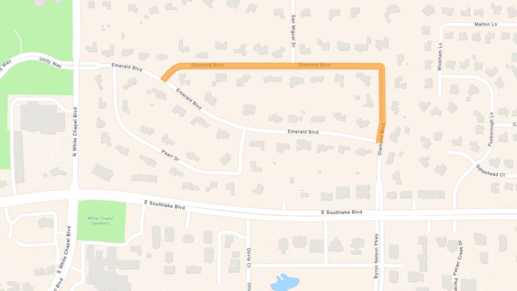 Map showing a highlighted section of Diamond Blvd curving through a residential area. Surrounding streets include Emerald Blvd, Peter Ct, and Bishop Dr, with nearby roads such as E Soukhakian Blvd and W White Chapel Blvd visible.