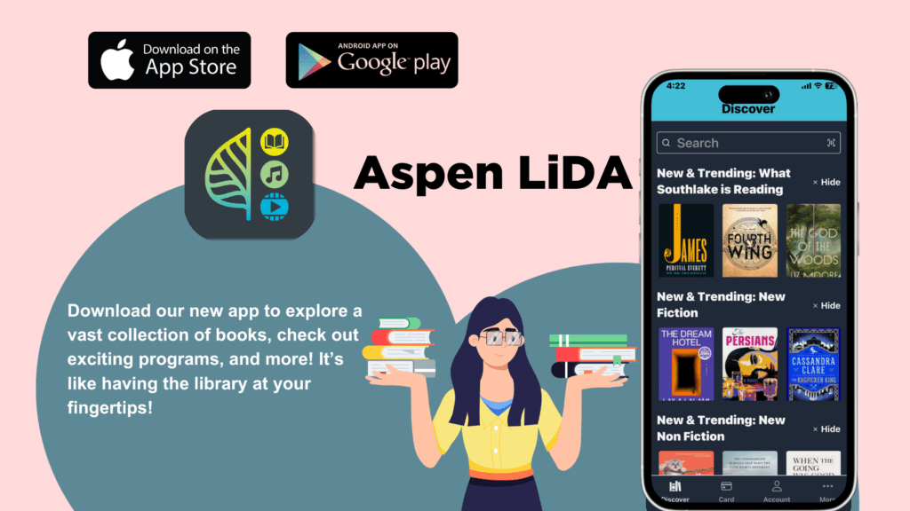 Illustration of a person holding books, promoting the Aspen LiDA app. A smartphone screen displays book categories. Text encourages exploring a vast collection of books through the app, available on the Apple App Store and Google Play.