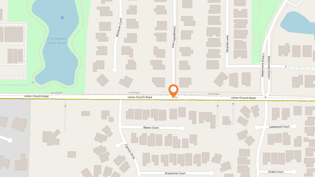Map showing Union Church Road with residential areas on both sides. A marker indicates a specific location. Chesapeake Park Pond is visible in the top left corner, and several streets intersect the road.