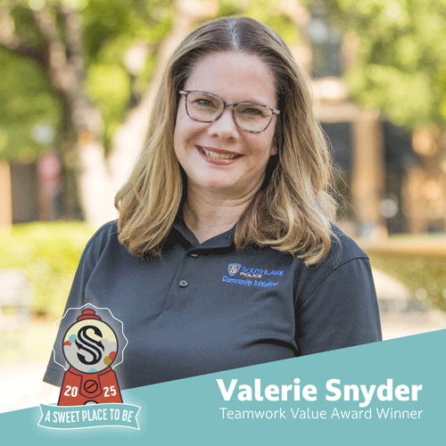 Valerie Snyder, wearing glasses and a navy Southlake Communities shirt, smiles outdoors. A badge at the bottom reads “A Sweet Place To Be 2025.” Text: “Valerie Snyder, Teamwork Value Award Winner.”.
