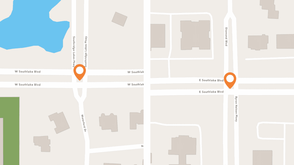 Map showing two intersections on Southlake Blvd, each marked with an orange location pin. The left pin is at S. Carroll Avenue; the right pin is at Byron Nelson Parkway and Diamond Blvd.