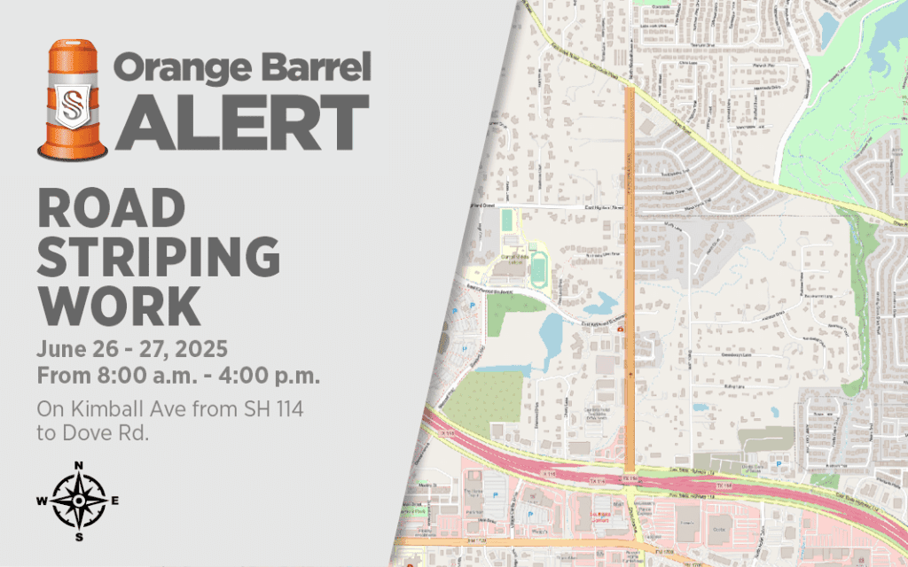 Orange Barrel Alert for road striping work on Kimball Ave from SH 114 to Dove Rd, June 26-27, 2025, 8 a.m. to 4 p.m., with a city map showing the affected area.