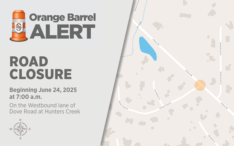 Map and notice showing a "ROAD CLOSURE" alert for the westbound lane of Dove Road at Hunters Creek, starting June 24, 2025, at 7:00 a.m., with a highlighted closure location on a residential map.