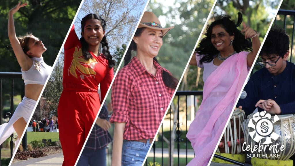 A collage shows four people in colorful outfits dancing and smiling outdoors, with the "Celebrate Southlake" logo in the corner against a backdrop of trees and sunlight.