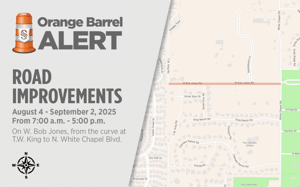 A notice for road improvements on W. Bob Jones, August 4–September 2, 2025, from 7:00 a.m. to 5:00 p.m., with a highlighted map section and a compass rose on the lower left corner.
