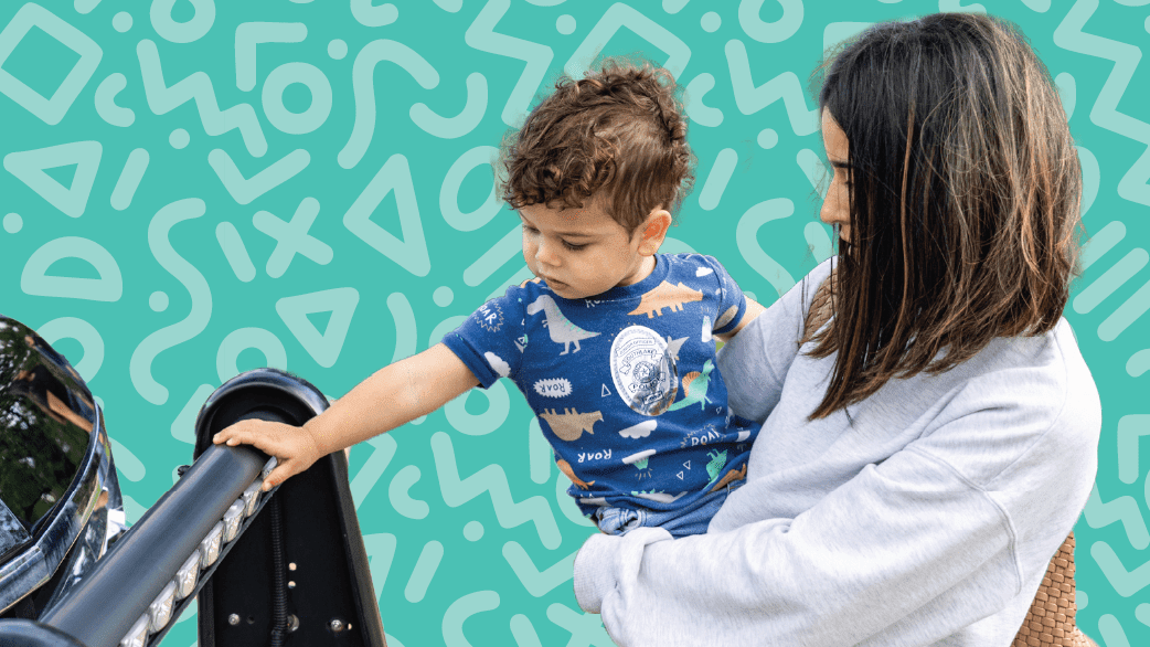 A woman helps a young child play on playground equipment. Above them, text reads: “NRPA’s Park and Recreation Month. Build Together. Play Together,” with colorful shapes in the background.