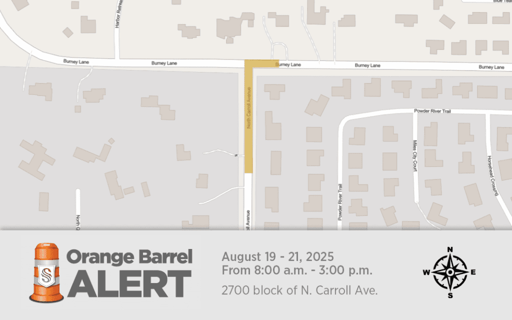 Map showing a road closure at the 2700 block of N. Carroll Ave. from August 19–21, 2025, 8 a.m.–3 p.m., with a highlighted section and an "Orange Barrel Alert" notice. Compass rose in lower right corner.