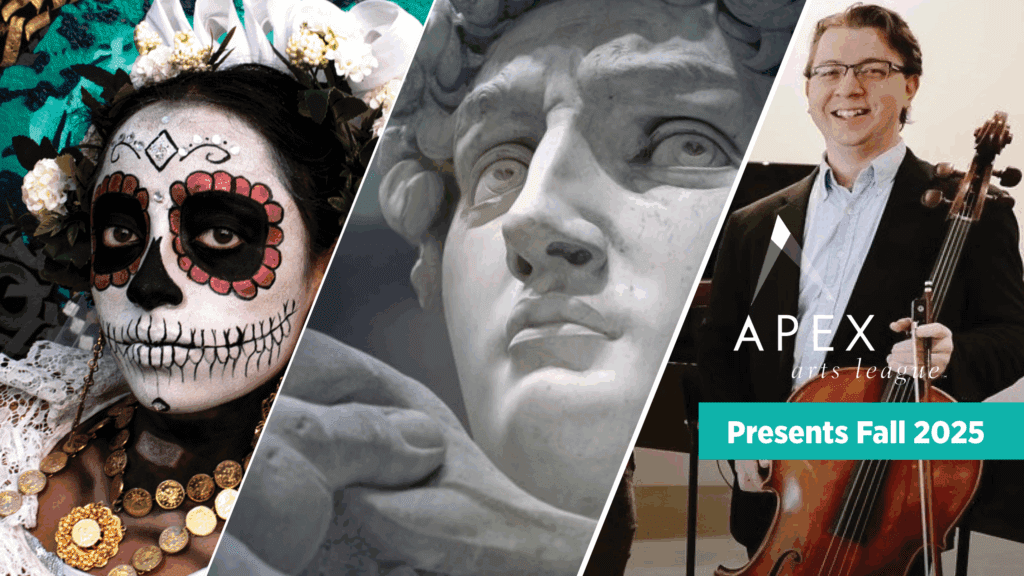A split-image collage: a woman with Día de los Muertos face paint and flowers, a marble statue’s face in grayscale, and a smiling man in glasses holding a cello next to "APEX" and "Presents Fall 2025" text.