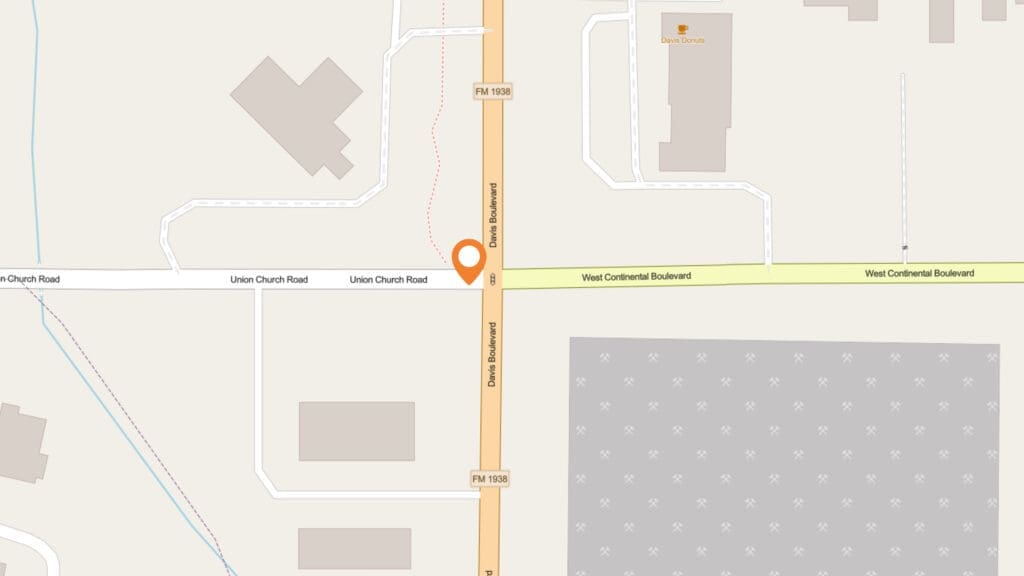 A map showing the intersection of Clyde Boulevard (FM 1938), Union Church Road, and West Continental Boulevard, with surrounding buildings and roads labeled. An orange map pin marks the intersection on Clyde Boulevard.