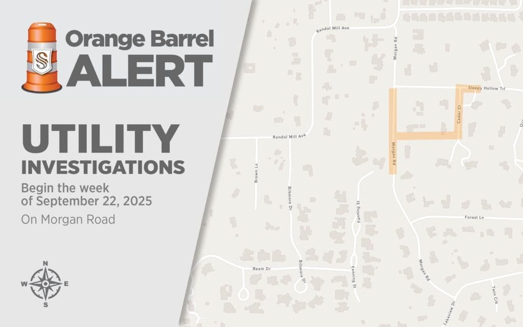 Map showing an "Orange Barrel Alert" for utility investigations on Morgan Road starting the week of September 22, 2025; affected areas are highlighted in orange.