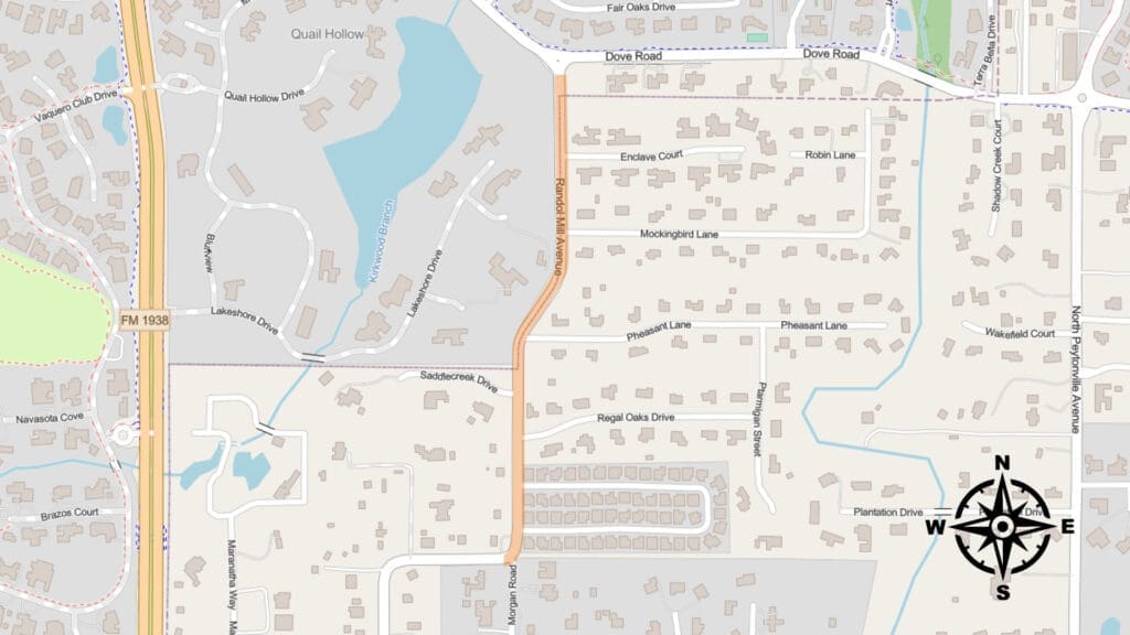 A detailed street map shows neighborhoods with labeled roads, houses, water features, and a compass rose in the lower right corner, highlighting Dove Road, FM 1938, and surrounding residential streets.