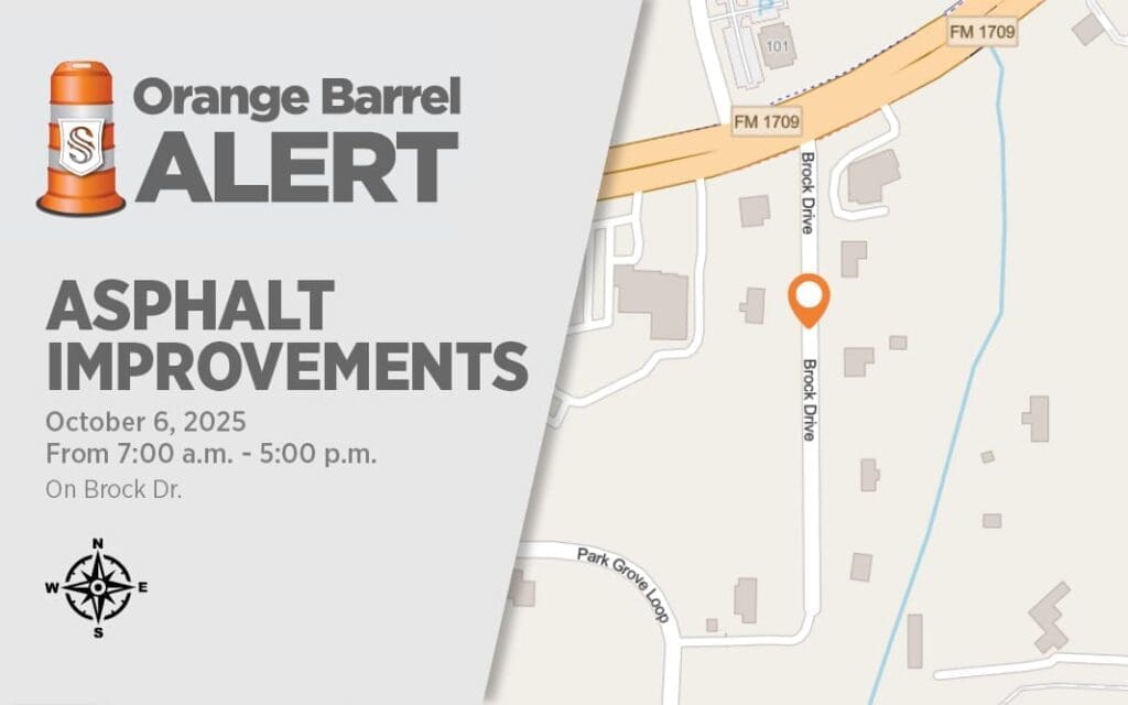 Alert graphic for asphalt improvements on Brock Drive, scheduled for October 6, 2025, from 7:00 a.m. to 5:00 p.m. Includes a map location, compass rose, and bold “Orange Barrel Alert” text.