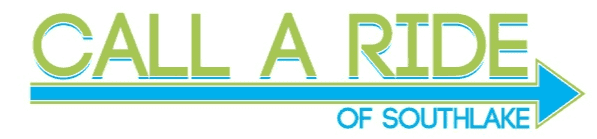 Logo with the words "CALL A RIDE" in large green and blue letters, and "OF SOUTHLAKE" in smaller blue letters. A thick blue arrow runs beneath the text, pointing right.