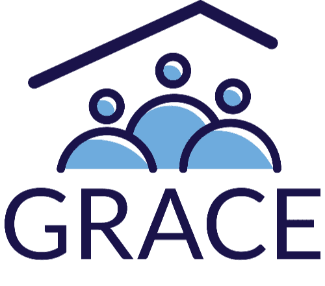 Logo with the word "GRACE" below an abstract design of three blue figures under a dark blue roof, symbolizing community and shelter.