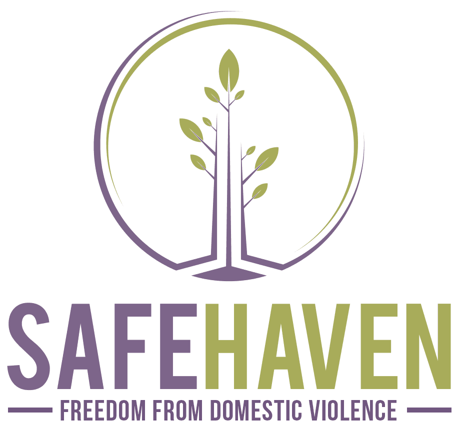 Logo for Safe Haven, featuring a stylized tree inside a circular outline. The text below reads "SAFE HAVEN" in large letters and "Freedom from Domestic Violence" in smaller letters underneath.