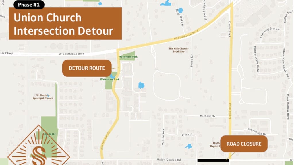 A map showing the Union Church Intersection Detour. The detour route is highlighted in yellow, bypassing a road closure marked in orange on Union Church Rd. Key landmarks and street names are visible.